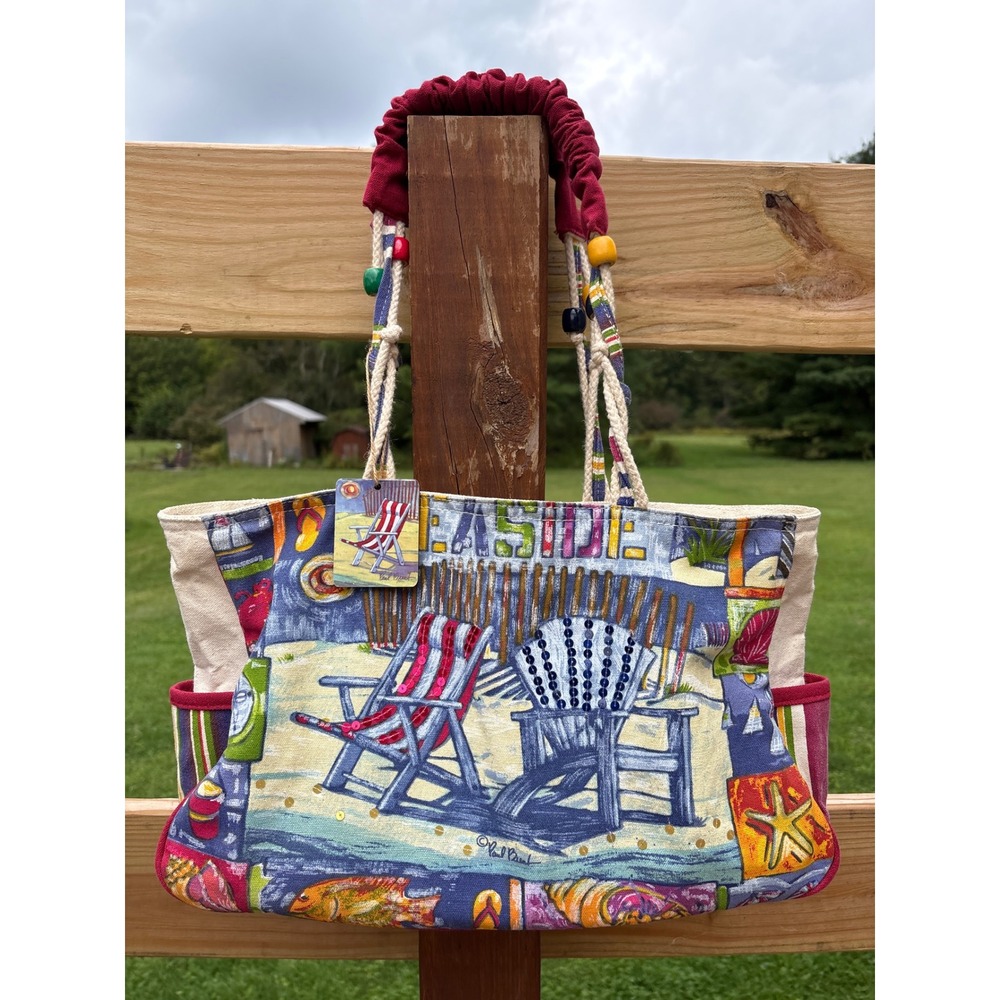 Paul Brent Fantasea Canvas Beach Tote Bag Seaside Adirondack Chair Beaded Rope